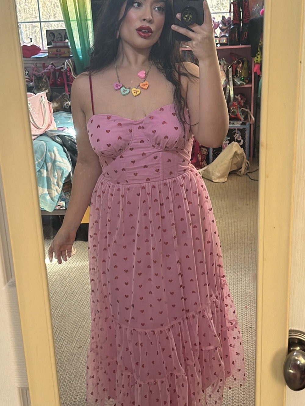 BETSEY JOHNSON pink glitter tulle Heart-Print Spaghetti Strap Midi Dress